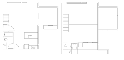 Two floor plans of a house with a staircase and a kitchen.